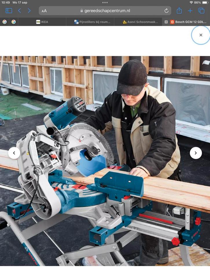 Bosch blauw gdl 12 gcm. Afkortzaag + onderstel 380, Doe-het-zelf en Verbouw, Gereedschap | Zaagmachines, Zo goed als nieuw, Afkortzaag