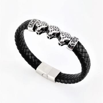Zwart Gevlochten Leren Armband met RVS 3-Luipaarden beschikbaar voor biedingen