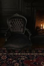 Prachtige zwarte barok fauteuil – fluweel – eyecatcher, Huis en Inrichting, Fauteuils, Ophalen, Zo goed als nieuw, Minder dan 75 cm