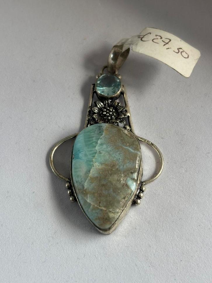 Larimar & Topaas Edelsteen Hanger, Sieraden, Tassen en Uiterlijk, Kettinghangers, Nieuw, Steen of Mineraal, Blauw, Bloem of Plant