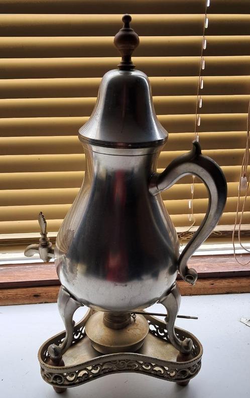 Antieke tinnen koffiekan met brandertje en plateau, Antiek en Kunst, Antiek | Tin, Ophalen of Verzenden