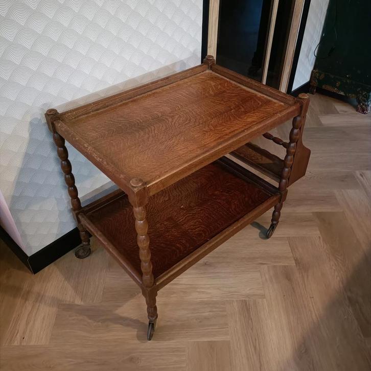 Houten theetafel op wielen met zijvak, Huis en Inrichting, Tafelonderdelen, Gebruikt, Tafelblad, 50 tot 100 cm, Minder dan 50 cm