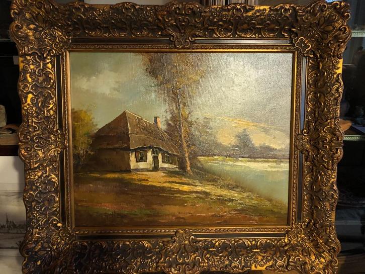 olieverf boerenlandschap met mooie lijst (Matheve), Antiek en Kunst, Kunst | Schilderijen | Klassiek, Ophalen