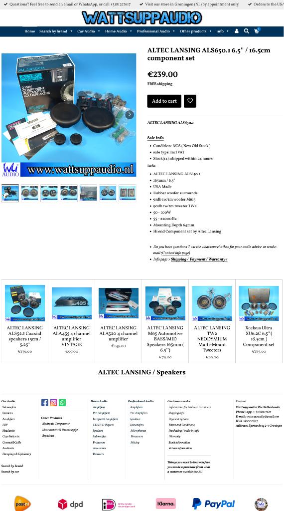 ALTEC LANSING ALS650.1 6.5'' / 16.5cm component set USA Made, ., Nieuw, Ophalen of Verzenden, .