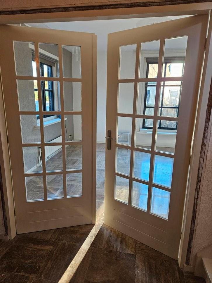 Twee hardhouten binnendeuren met glas 85x200 cm, Doe-het-zelf en Verbouw, Deuren en Horren, Gebruikt, Binnendeur, 200 tot 215 cm