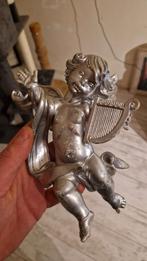 Vintage Zilverkleurige Engel met Harp Beeldje, Ophalen of Verzenden