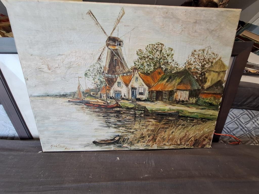 Schilderij met molen en huizen aan het water, Ophalen of Verzenden