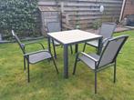 Aluminium tuinset 4 stapelbare tuinstoelen vierkante tafel, Ophalen, 4 zitplaatsen, Aluminium, Zo goed als nieuw