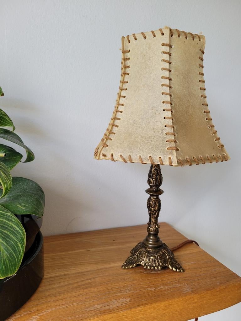 Vintage tafellamp met varkensleren kap, Gebruikt, Overige materialen, Vintage, Klassiek, Ophalen of Verzenden
