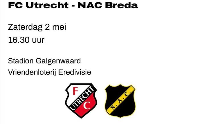 1 ticket Fc Utrecht - NAC Breda, Tickets en Kaartjes, Losse kaart, Eén persoon, Mei