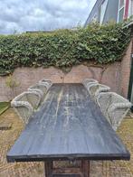Tuintafel + 4 stoelen (met kussens), Ophalen, Gebruikt, 6 zitplaatsen, Steigerhout