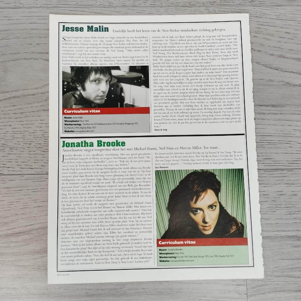 Jesse Malin / Jonatha Brooke 1-pagina artikel ALOHA magazine, Verzenden, Zo goed als nieuw, Boek, Tijdschrift of Artikel