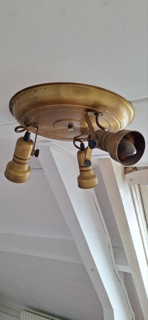 Vintage Gouden Plafondlamp met 3 Spots, Ophalen of Verzenden, Gebruikt, Metaal, Vintage, Retro