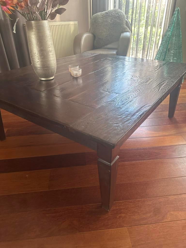 Koloniale salontafel met lade, massief hout 140x130cm, Gebruikt, 100 tot 150 cm, Vierkant, Ophalen of Verzenden