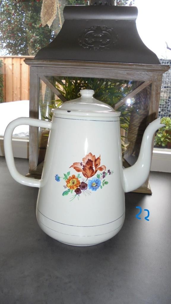 creme gebloemd emaille koffiekan H22cm, Ophalen of Verzenden
