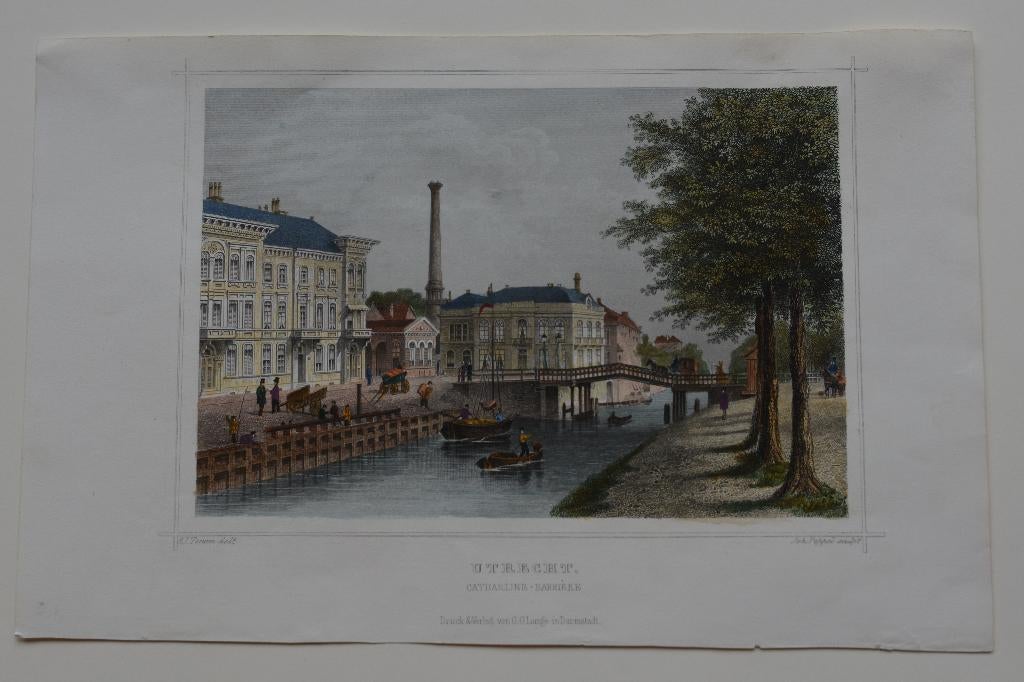 UTRECHT STAD OUDE GRACHT Handgekleurde Gravure Terwen GS8, Antiek en Kunst, Kunst | Etsen en Gravures, 1800 - 1899, Verzenden