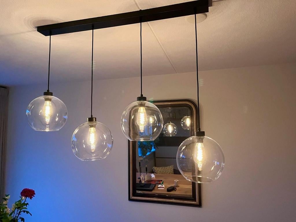 4-lichts glazen bol hanglamp - Helder glas, Ophalen of Verzenden, Zo goed als nieuw, Glas, Minder dan 50 cm