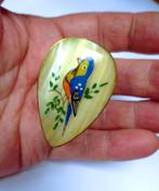 Vintage druppelvorm pillendoosje parelmoer deksel met vogel, Verzenden