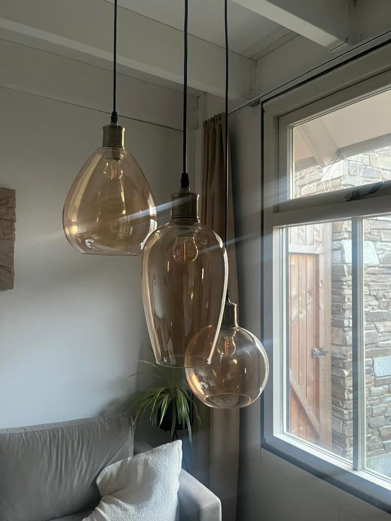 Hanglamp met amber glas, Huis en Inrichting, Lampen | Hanglampen, Ophalen, Sfeervol, Minder dan 50 cm, Glas