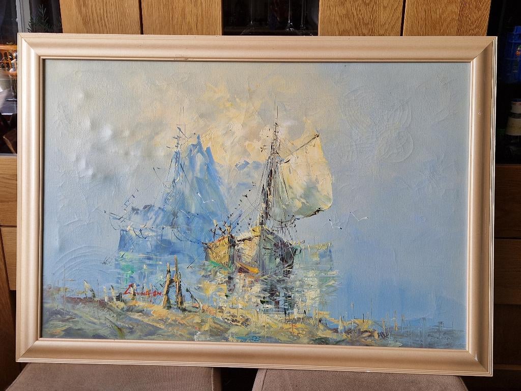 Schilderij van Schip olieverf op doek Patricia Cunningham, Antiek en Kunst, Ophalen