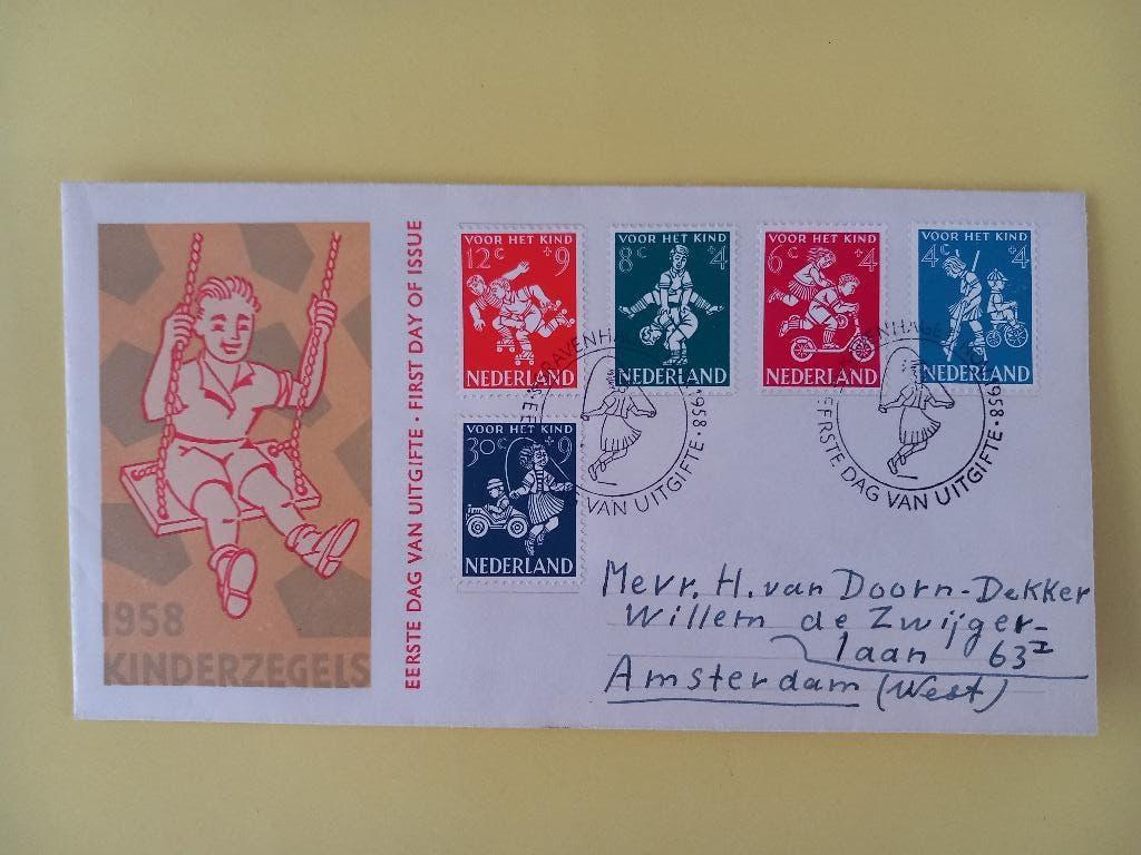 1958 Kinderzegels FDC E36 met gesloten klep e2, Verzenden, Beschreven, Nederland