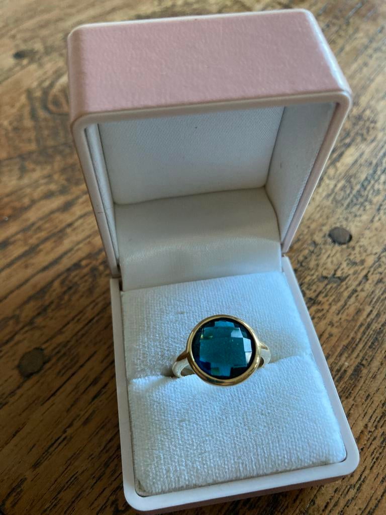 Gouden ring 14K met Londen Blue Topaas, maat 52, Gebruikt, Blauw, Ophalen of Verzenden, 17 tot 18