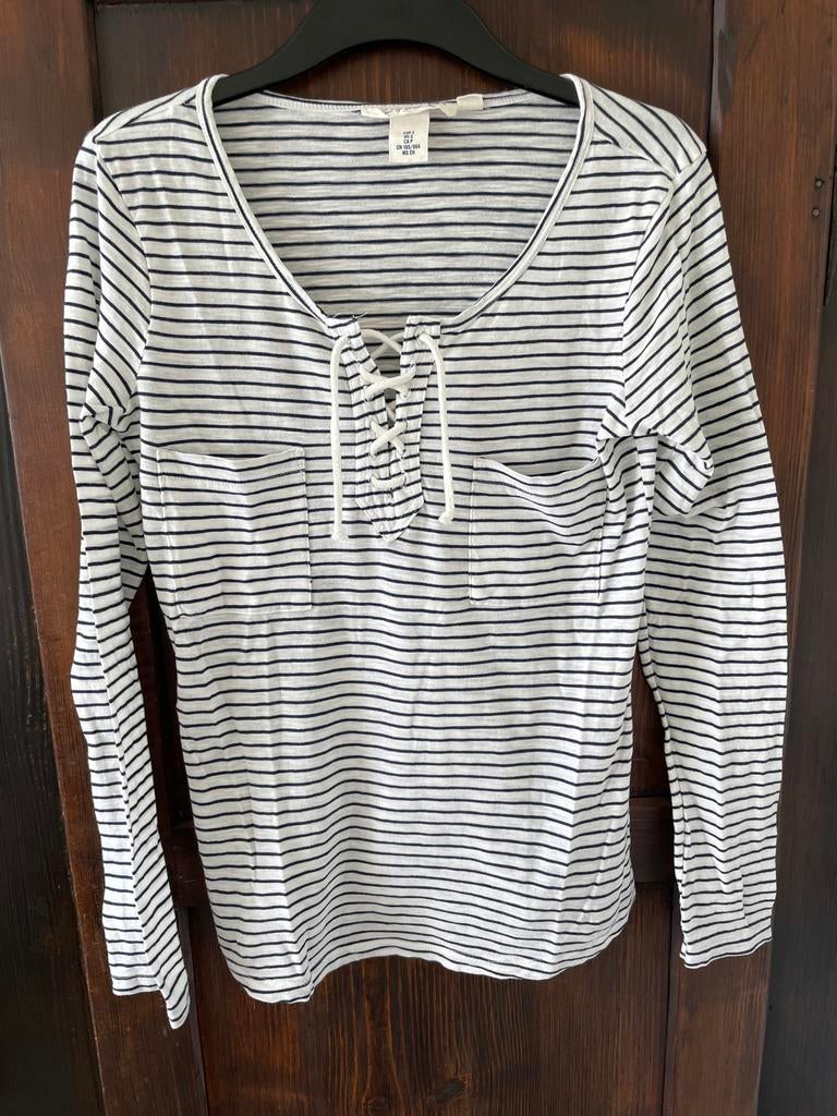 Wit met blauw gestreept tshirt met veter van h&m maat S, Wit, Ophalen of Verzenden, Zo goed als nieuw, Lange mouw