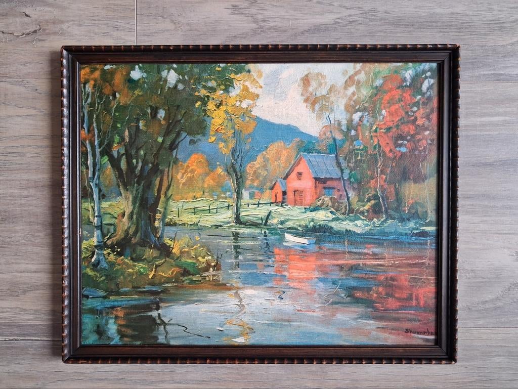 Schilderij # Huis aan het water in herfstkleuren, Ophalen of Verzenden