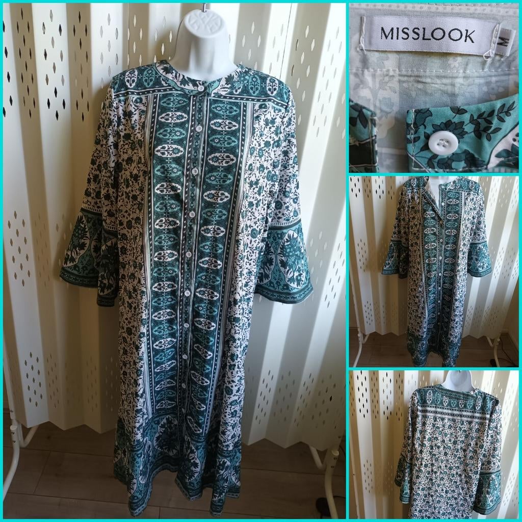 Misslook Jurk Groen/Wit Bloemen Patroon - Knoopsluiting M, Kleding | Dames, Maat 38/40 (M), Ophalen of Verzenden, Zo goed als nieuw