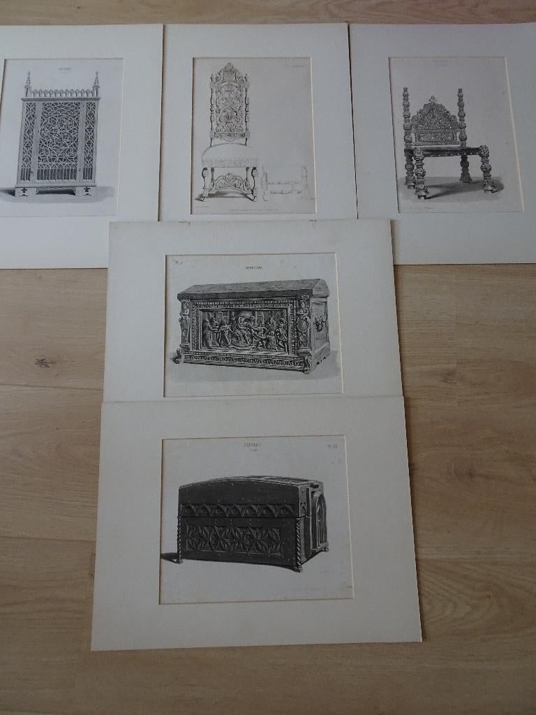 Prenten middeleeuwse meubels, Frans Buffa 1860, Antiek en Kunst, Verzenden, Dagelijks leven, Overige technieken, 1800 - 1899