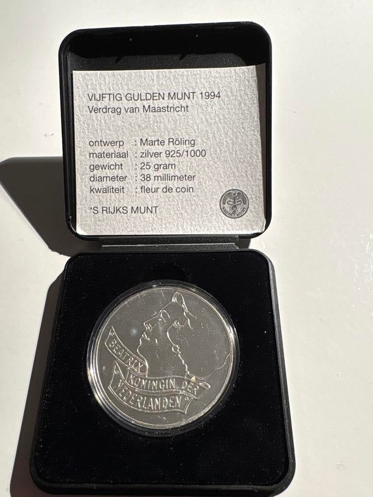 Zilveren Vijftig Gulden Munt 1994 Verdrag van Maastricht, Postzegels en Munten, Munten | Nederland, Koningin Beatrix, Zilver, Ophalen of Verzenden