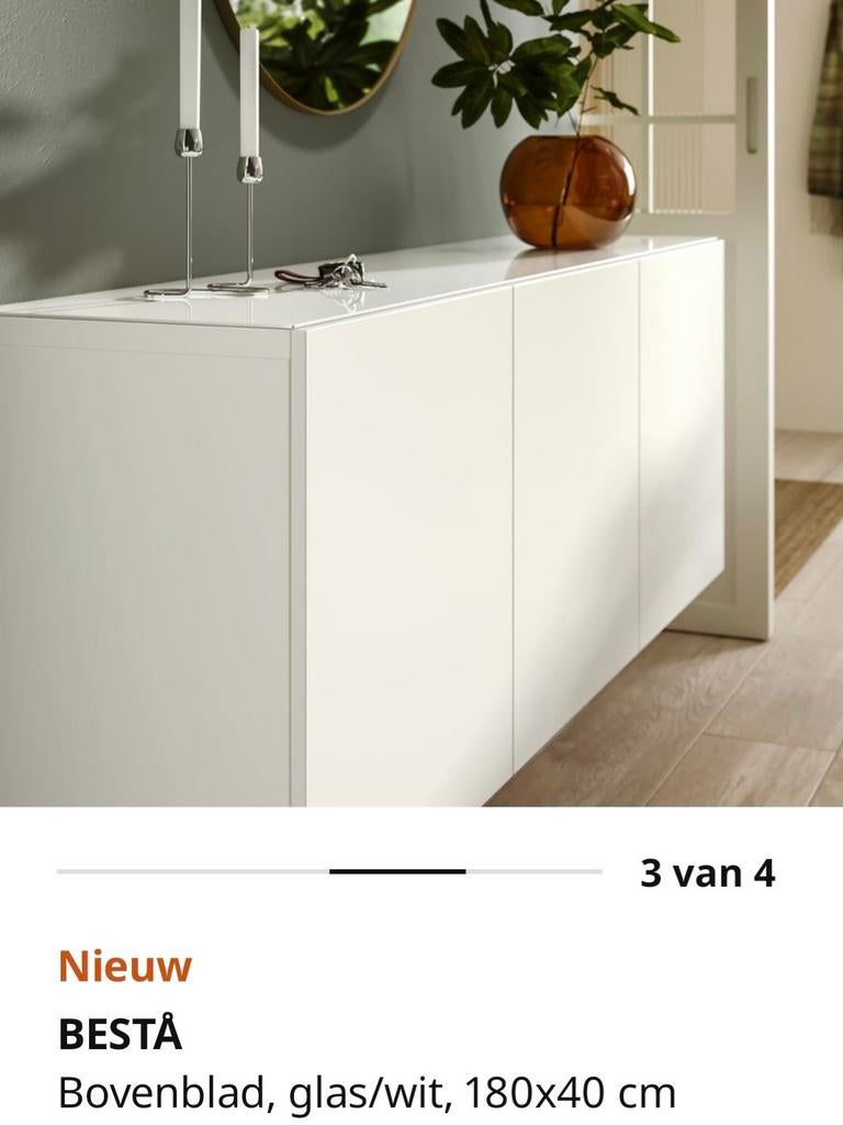 Bovenblad Besta glas 180x40 wit, Glas, Minder dan 100 cm, 25 tot 50 cm, 50 tot 100 cm