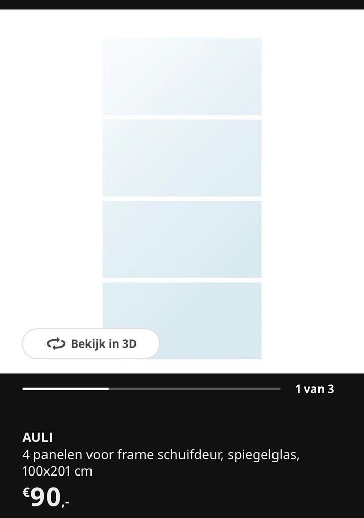 IKEA Auli panelen voor schuifdeur, spiegelglas, 3 stuks, Doe-het-zelf en Verbouw, Deuren en Horren, Ophalen, Gebruikt, 80 tot 100 cm