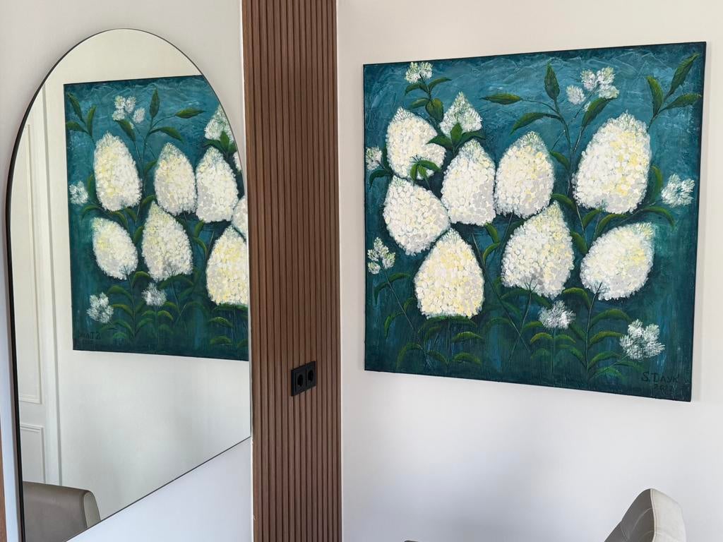 Prachtig azuurblauw schilderij 100X100 cm, Antiek en Kunst, Ophalen