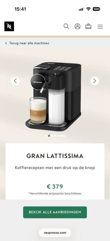 Nespresso zwart  Gran Lattissima + (nespresso cups lade ), Ophalen, Zo goed als nieuw, Koffiemachine