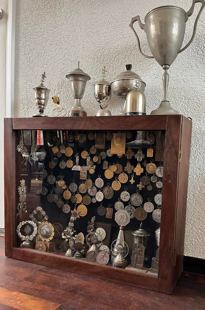 Vintage Houten Vitrinekast prijzenkast met Glazen Deur, Ophalen