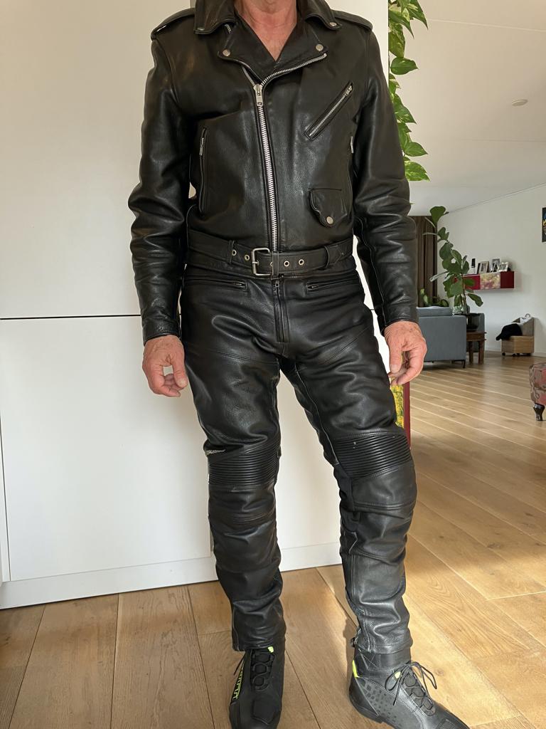 Leren motorjack (54) en broek (52), Motoren, Kleding | Motorkleding, Overige typen, Heren, Tweedehands, Ophalen