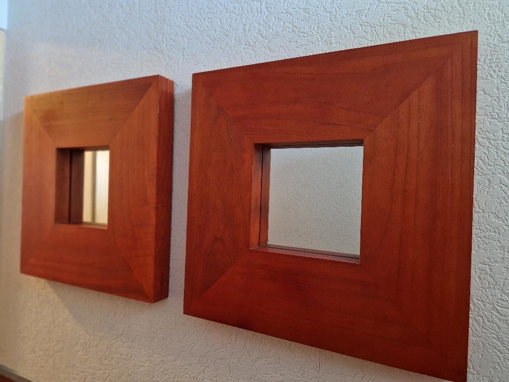 2 spiegels met kersenhouten dikke lijsten, Minder dan 50 cm, Vierkant, Ophalen of Verzenden, Zo goed als nieuw