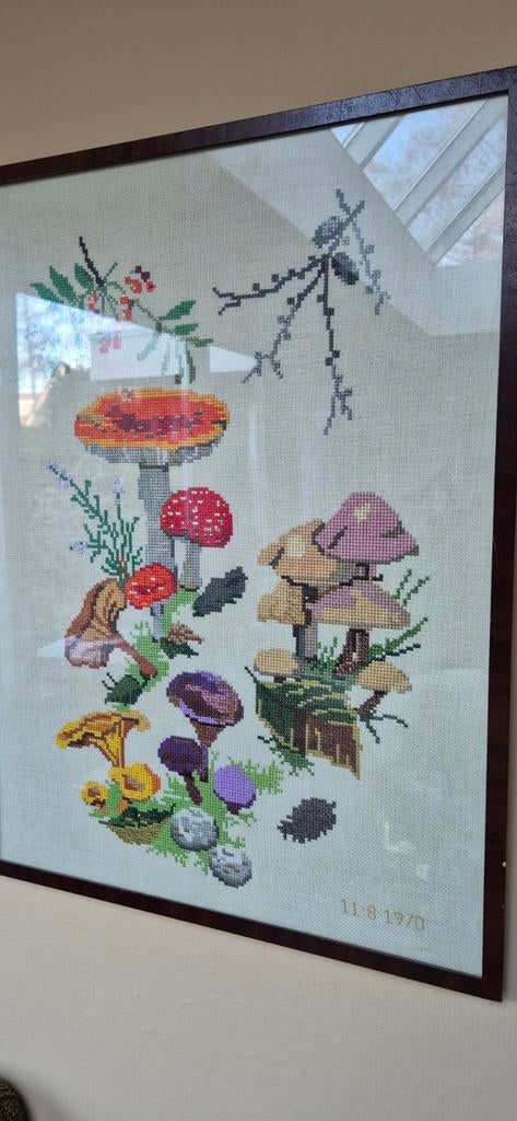 Vintage Handgeborduurd Paddenstoelen Schilderij Jaren '70, Antiek en Kunst, Kunst | Schilderijen | Klassiek, Ophalen