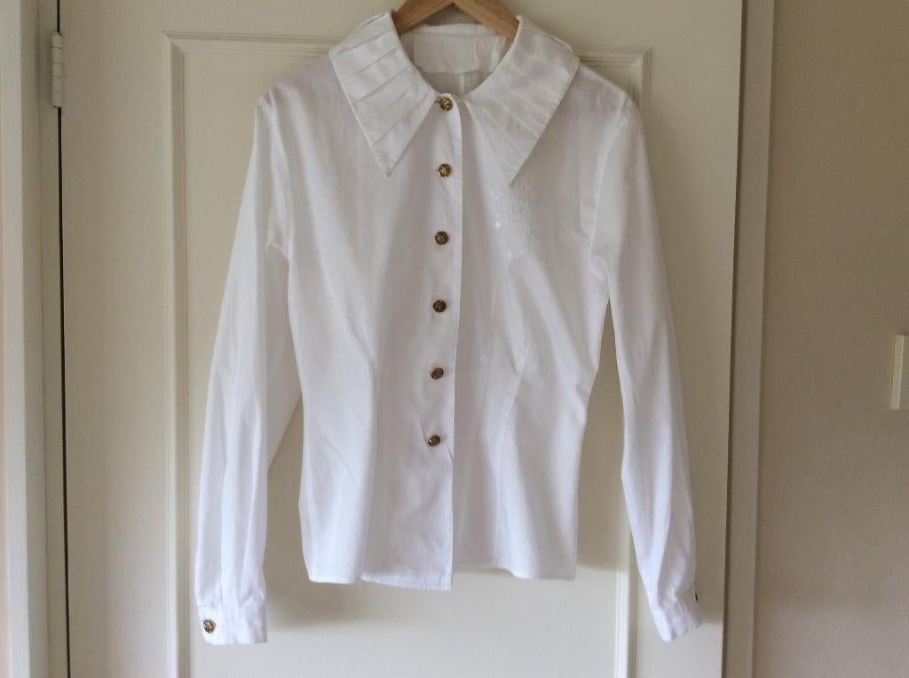 Vintage blouse met plooikraag en gouden knopen, Maat 38/40 (M), Verzenden, Wit, Zo goed als nieuw
