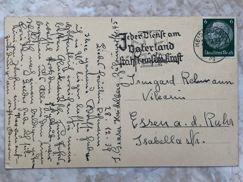 Postkaart, gestempeld Heidelberg 28.12.39., Verzenden, Briefkaart