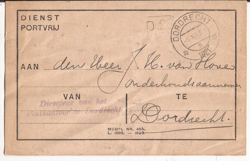 DORDRECHT 1921 Dienstbriefkaart PTT afz Dir. Postkantoor, Ophalen of Verzenden, 1920 tot 1940, Gelopen, Zuid-Holland