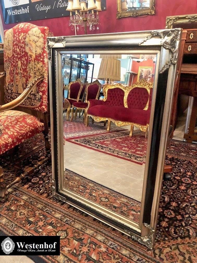 Groot spiegel klassiek / antieke barok zilver, zwarte lijst, Antiek en Kunst, Ophalen, Rechthoekig, 50 tot 100 cm, 100 tot 150 cm