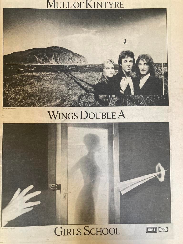 Paginagrote A3 advertentie WINGS Mull Of Kintyre release, Ophalen of Verzenden