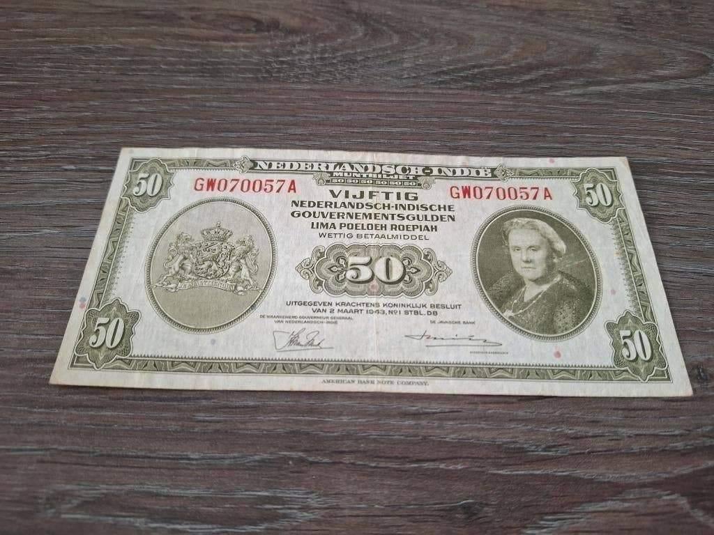 Net biljet 50 gulden Nederlands-Indië, Wilhelmina 1943, Postzegels en Munten, Bankbiljetten | Nederland, Ophalen of Verzenden