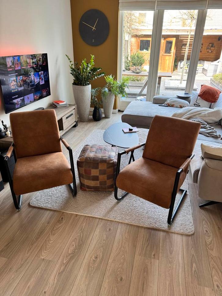 2 H&H Industriële Fauteuils Angelica Zwart/Bruin Suède, Huis en Inrichting, Fauteuils, Zo goed als nieuw, Metaal, Ophalen