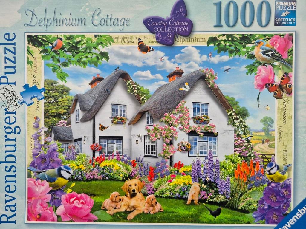 Mooie Ravensburger cottage bloem hond puzzel 1000 stukjes, Ophalen of Verzenden, 500 t/m 1500 stukjes, Gebruikt, Legpuzzel