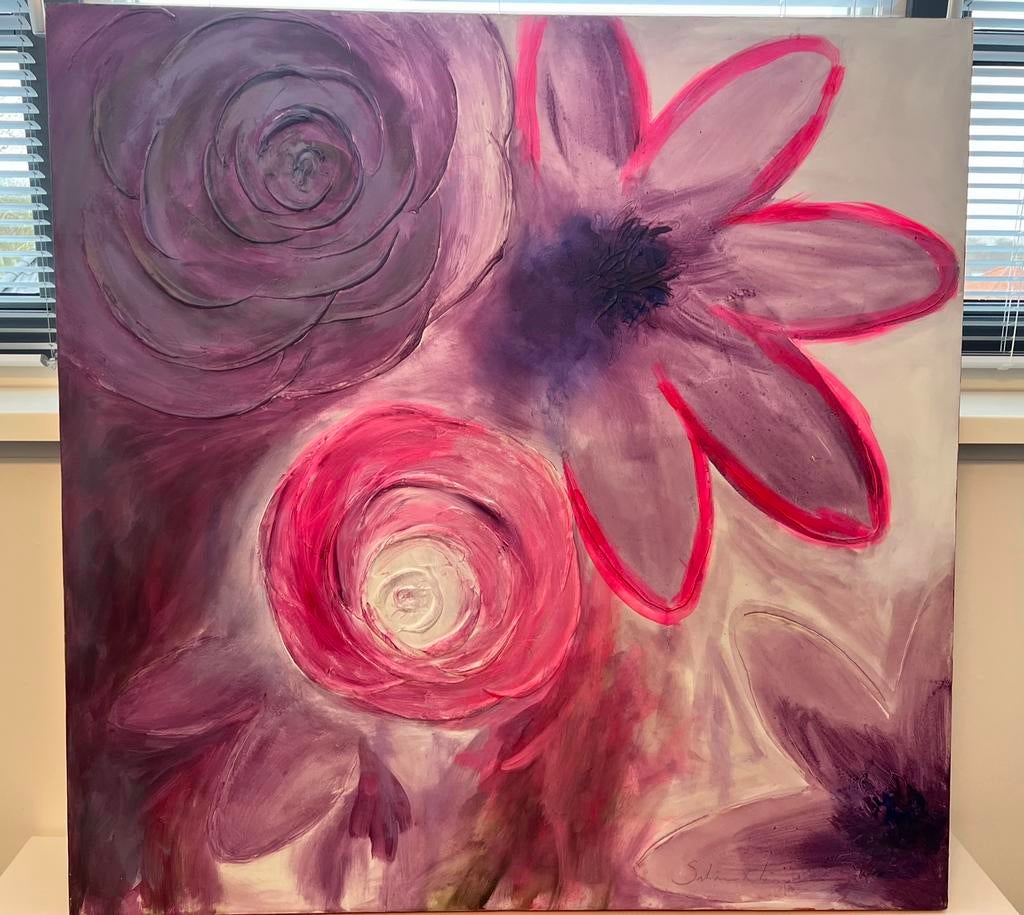 Schilderij Sabine Kleiren bloemen 100x100 cm, Ophalen, Zo goed als nieuw, Schilderij, 75 tot 100 cm