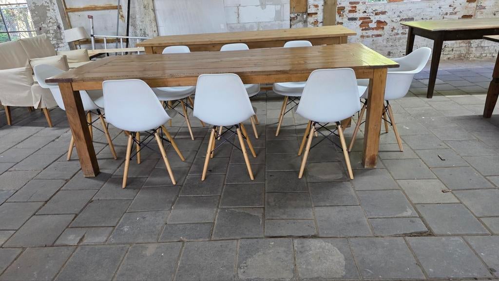 240 cm lange boerentafel met 8 stoelen, Ophalen, Gebruikt, 200 cm of meer, 50 tot 100 cm