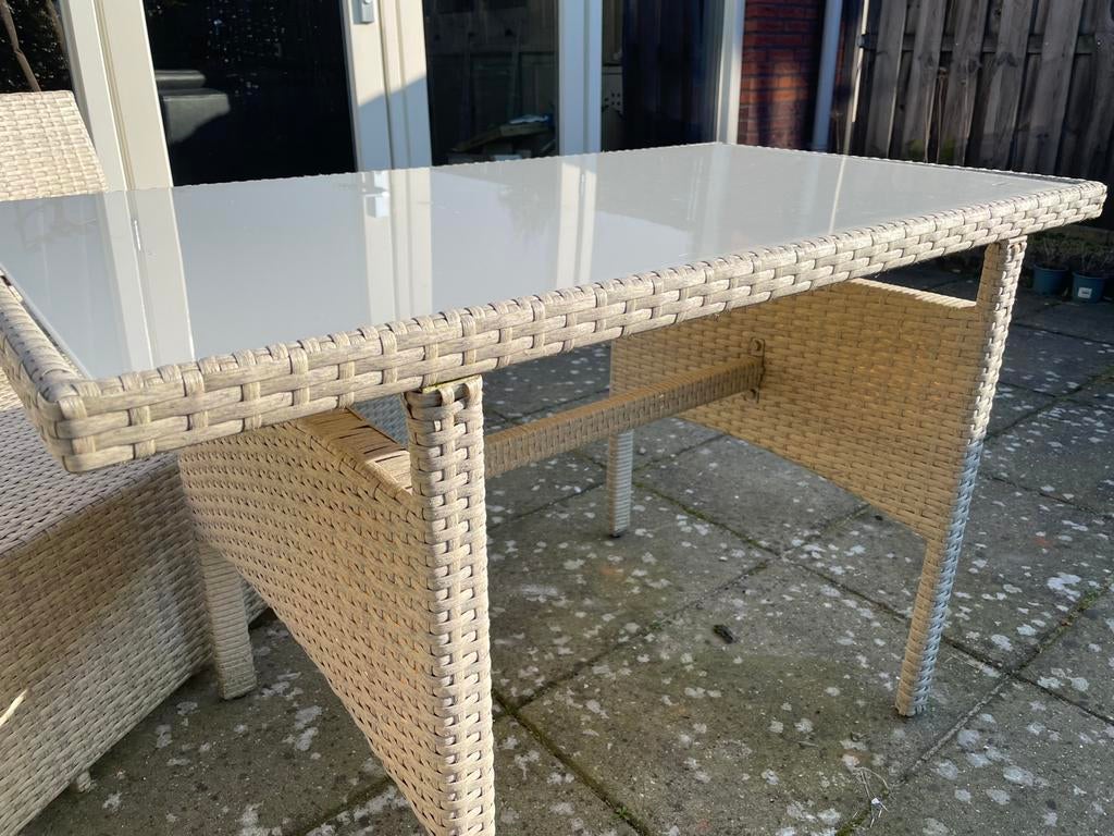 Tuintafel met glazen plaat van kunststof riet, Ophalen, Zo goed als nieuw, Rechthoekig, Kunststof